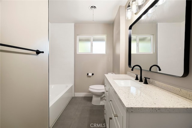full bath with toilet, visible vents, baseboards, tile patterned flooring, and vanity