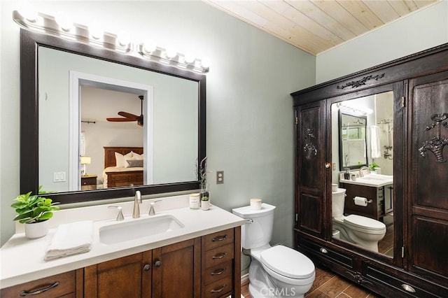 bathroom featuring vanity, toilet, a ceiling fan, wooden ceiling, and wood finished floors