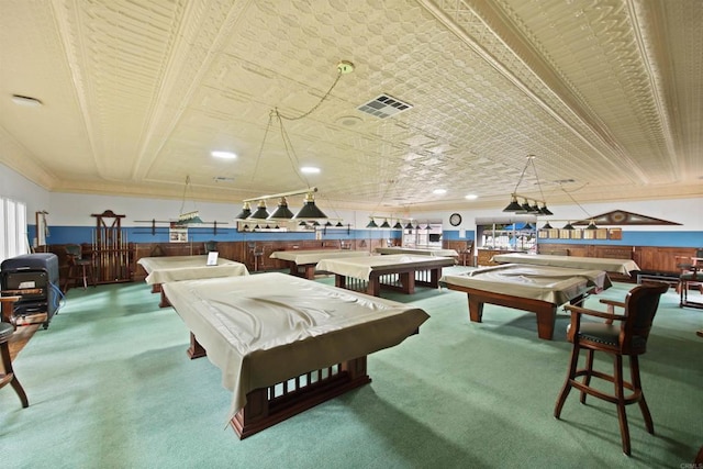 6017 Piros Way, Oceanside, CA 92056 - game room featuring an ornate ceiling, carpet, pool table, visible vents, and ornamental molding