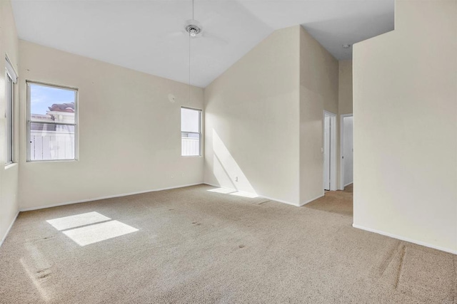 6017 Piros Way, Oceanside, CA 92056 - empty room featuring carpet floors, a ceiling fan, baseboards, and lofted ceiling