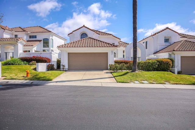 6017 Piros Way, Oceanside, CA 92056 - mediterranean / spanish-style house featuring an attached garage, stucco siding, driveway, and a front yard