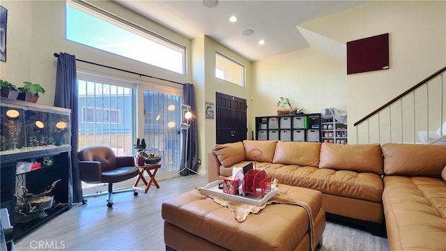 411 Sefton Ave Unit C, Monterey Park, CA 91755 - living area with wood finished floors, plenty of natural light, stairs, recessed lighting, and a towering ceiling