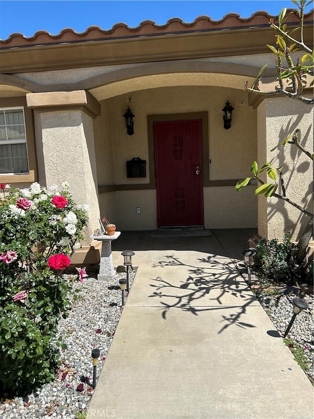 view of exterior entry featuring stucco siding