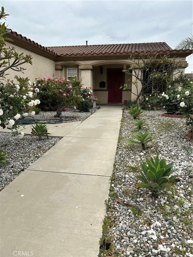 view of front of house featuring a tile roof and stucco siding
