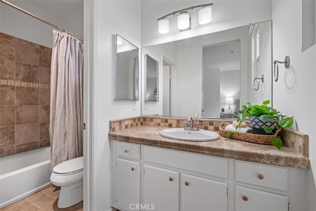 full bath featuring toilet, shower / tub combo, and vanity