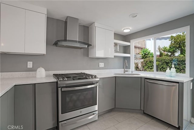 33601 Via Corvalian Unit 4, Dana Point, CA 92629 - kitchen with appliances with stainless steel finishes, wall chimney exhaust hood, a sink, and gray cabinets