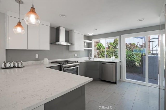 33601 Via Corvalian Unit 4, Dana Point, CA 92629 - kitchen with stainless steel appliances, wall chimney range hood, a sink, open shelves, and white cabinetry