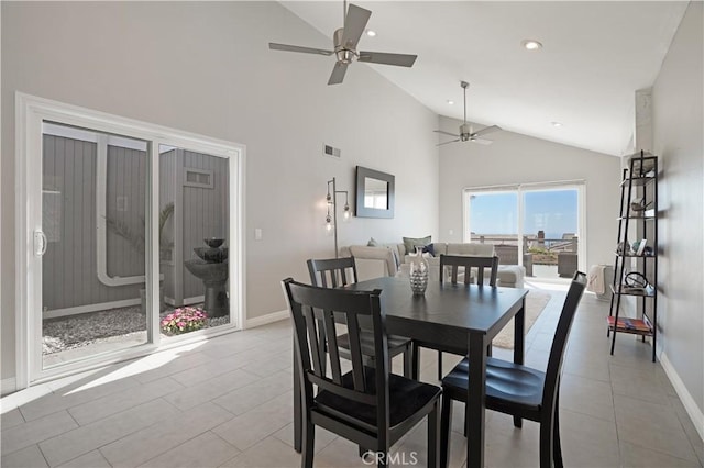 33601 Via Corvalian Unit 4, Dana Point, CA 92629 - dining area with a ceiling fan, baseboards, high vaulted ceiling, recessed lighting, and light tile patterned flooring