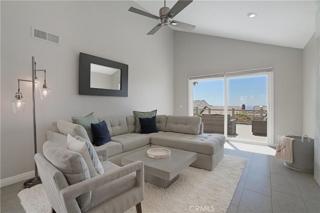 33601 Via Corvalian Unit 4, Dana Point, CA 92629 - living area with high vaulted ceiling, ceiling fan, tile patterned flooring, and baseboards