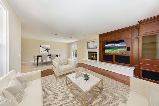 5018 Via Andrea, Newbury Park, CA 91320 - living room with a glass covered fireplace, baseboards, and wood finished floors
