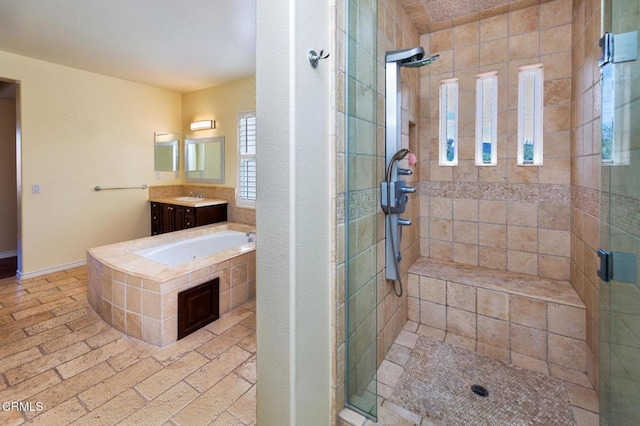 5018 Via Andrea, Newbury Park, CA 91320 - full bath featuring vanity, baseboards, brick floor, and a shower stall
