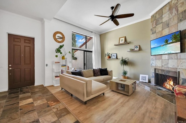 6755 Caminito Del Greco, San Diego, CA 92120 - living area with a fireplace, crown molding, and ceiling fan