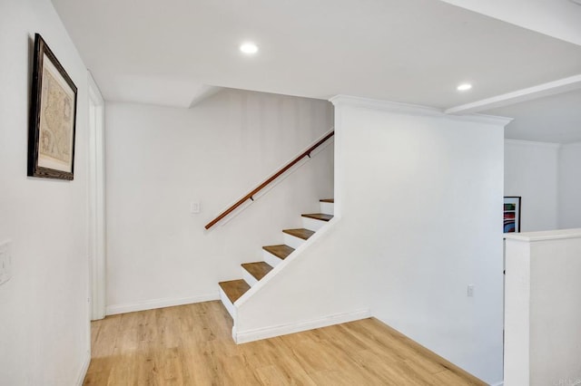 6755 Caminito Del Greco, San Diego, CA 92120 - stairway featuring wood finished floors, recessed lighting, baseboards, and crown molding