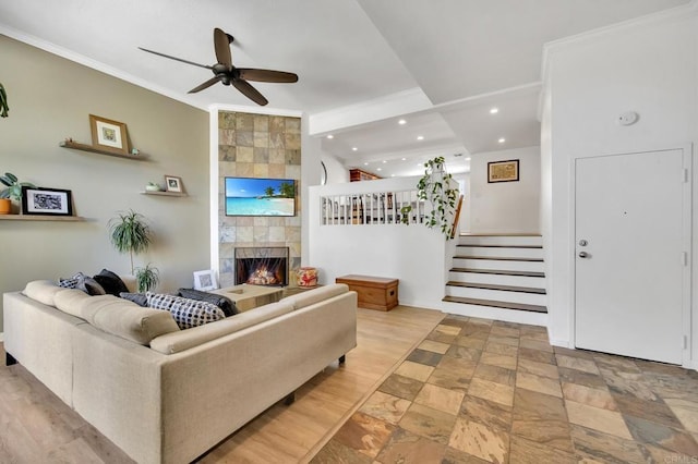 6755 Caminito Del Greco, San Diego, CA 92120 - living room featuring a ceiling fan, a fireplace, stairway, recessed lighting, and stone finish floors
