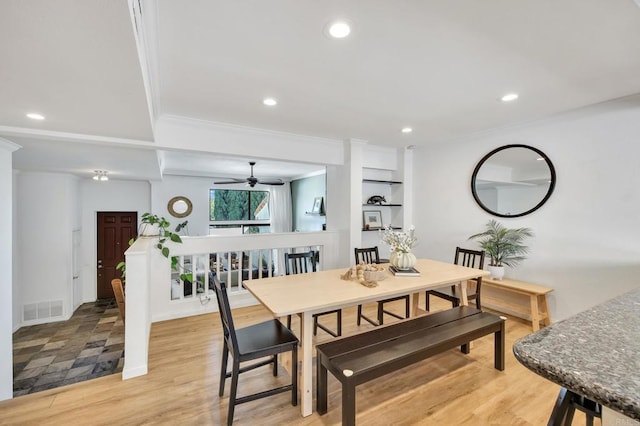 6755 Caminito Del Greco, San Diego, CA 92120 - dining space with a ceiling fan, recessed lighting, crown molding, light wood finished floors, and built in features