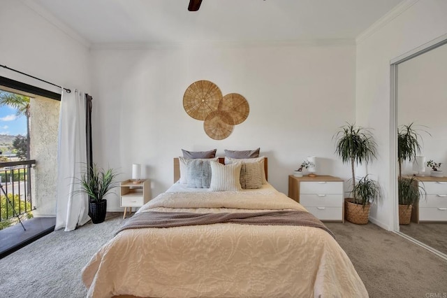 6755 Caminito Del Greco, San Diego, CA 92120 - carpeted bedroom featuring access to exterior, crown molding, and a ceiling fan
