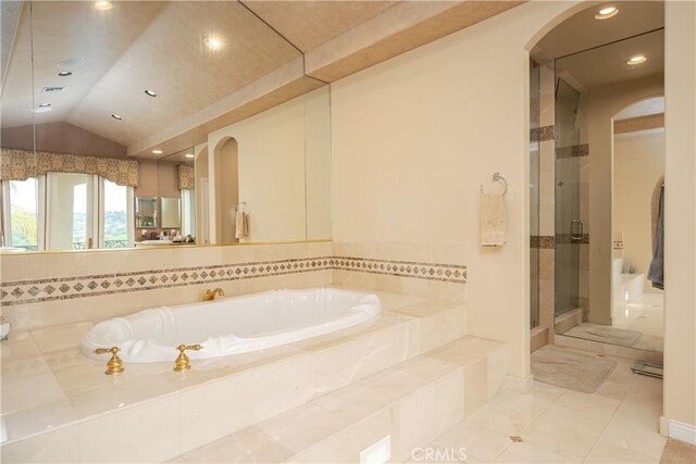 12 Santa Barbara Pl, Laguna Niguel, CA 92677 - bathroom featuring recessed lighting, tile patterned floors, a shower stall, a garden tub, and lofted ceiling