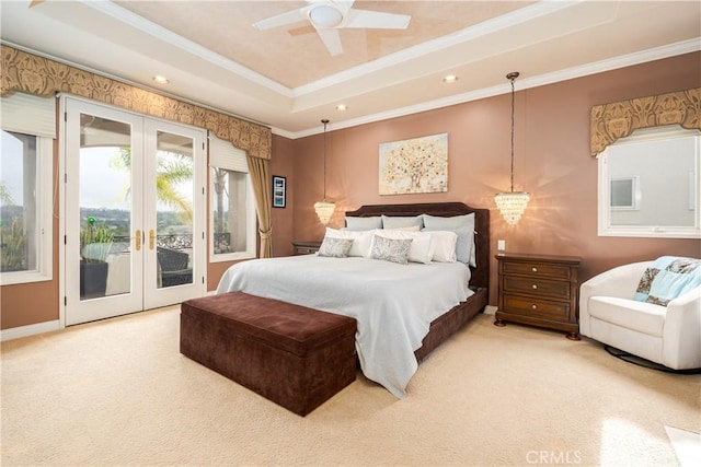 12 Santa Barbara Pl, Laguna Niguel, CA 92677 - bedroom with crown molding, access to exterior, french doors, and a raised ceiling
