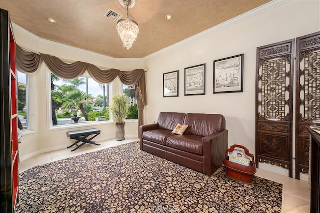 12 Santa Barbara Pl, Laguna Niguel, CA 92677 - sitting room with ornamental molding, recessed lighting, visible vents, and a chandelier
