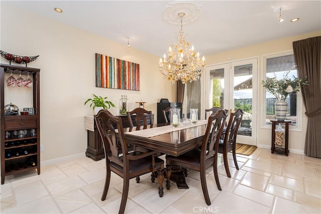 12 Santa Barbara Pl, Laguna Niguel, CA 92677 - dining space featuring baseboards, recessed lighting, and an inviting chandelier