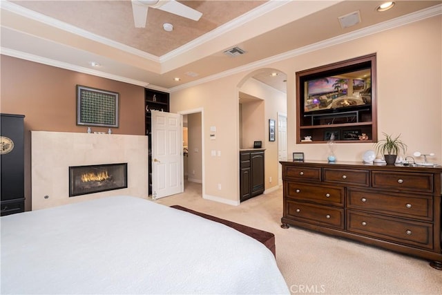 12 Santa Barbara Pl, Laguna Niguel, CA 92677 - bedroom with recessed lighting, a fireplace, visible vents, light carpet, and ornamental molding