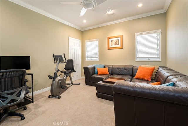 12 Santa Barbara Pl, Laguna Niguel, CA 92677 - carpeted living area with crown molding, recessed lighting, a ceiling fan, and baseboards