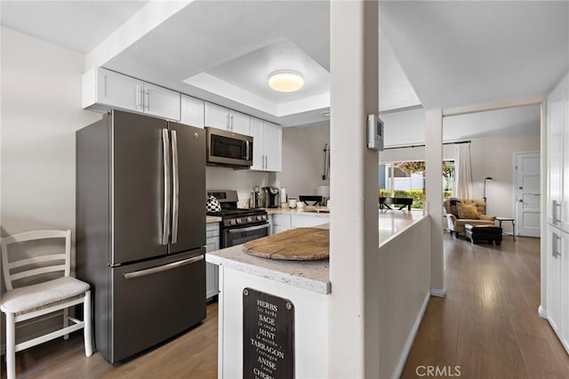 133 Morristown Ln, Costa Mesa, CA 92626 - kitchen featuring stainless steel appliances, white cabinets, wood finished floors, and a tray ceiling