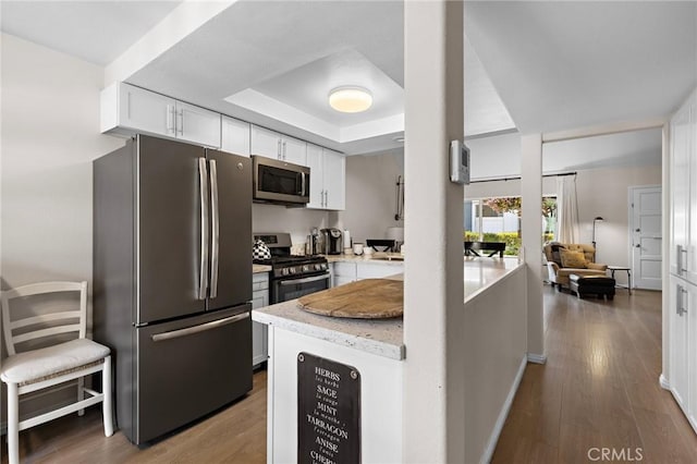 133 Morristown Ln, Costa Mesa, CA 92626 - kitchen featuring stainless steel appliances, white cabinets, wood finished floors, a raised ceiling, and light stone counters