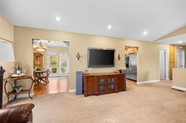 33435 Hubbard Rd, Acton, CA 93510 - living area with light carpet, a chandelier, and recessed lighting