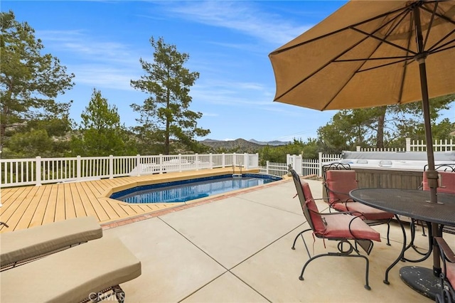 33435 Hubbard Rd, Acton, CA 93510 - view of swimming pool with a fenced backyard, a deck with mountain view, a patio area, and outdoor dining area
