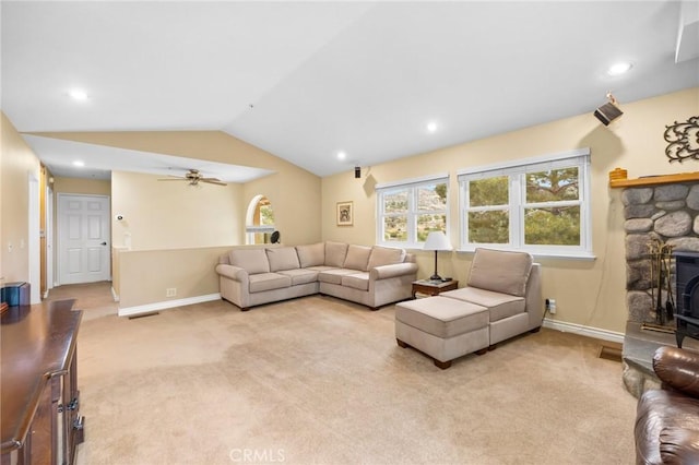 33435 Hubbard Rd, Acton, CA 93510 - living area with a wood stove, light colored carpet, lofted ceiling, ceiling fan, and recessed lighting