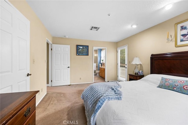 33435 Hubbard Rd, Acton, CA 93510 - bedroom featuring light colored carpet, connected bathroom, and recessed lighting