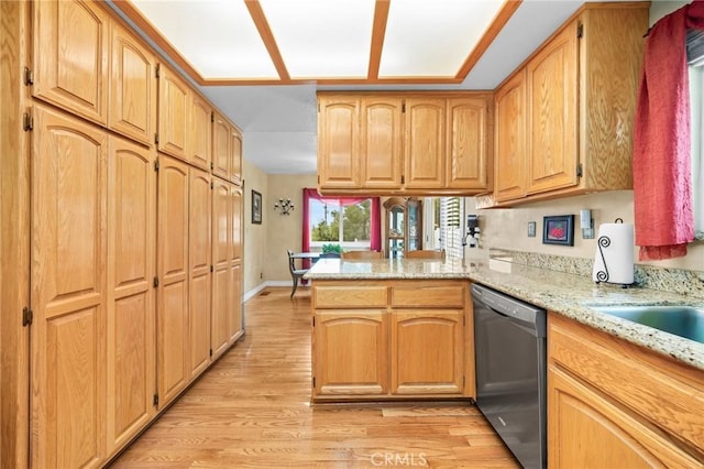 33435 Hubbard Rd, Acton, CA 93510 - kitchen featuring stainless steel dishwasher, a peninsula, light wood-type flooring, and light stone countertops