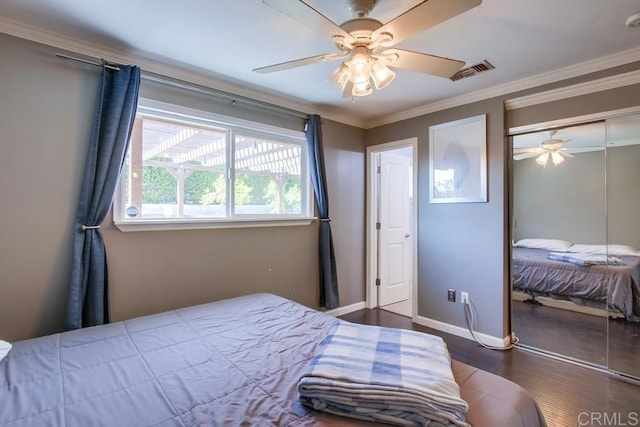 13522 Utopia Rd, Poway, CA 92064 - bedroom with a closet, wood finished floors, ornamental molding, a ceiling fan, and baseboards