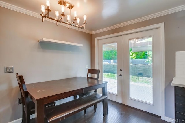 13522 Utopia Rd, Poway, CA 92064 - dining area featuring french doors, a chandelier, dark wood-style flooring, crown molding, and baseboards