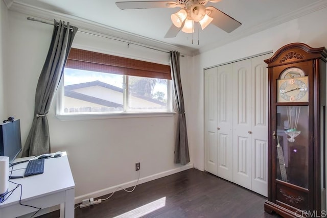 13522 Utopia Rd, Poway, CA 92064 - unfurnished office with ceiling fan, crown molding, dark wood-type flooring, and baseboards