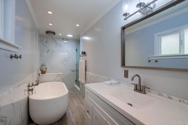13522 Utopia Rd, Poway, CA 92064 - bathroom with a marble finish shower, tile walls, recessed lighting, vanity, and crown molding
