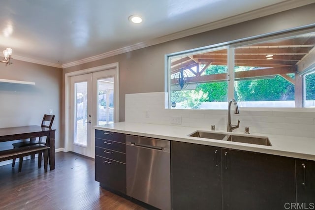 13522 Utopia Rd, Poway, CA 92064 - kitchen featuring stainless steel dishwasher, tasteful backsplash, healthy amount of natural light, ornamental molding, and recessed lighting