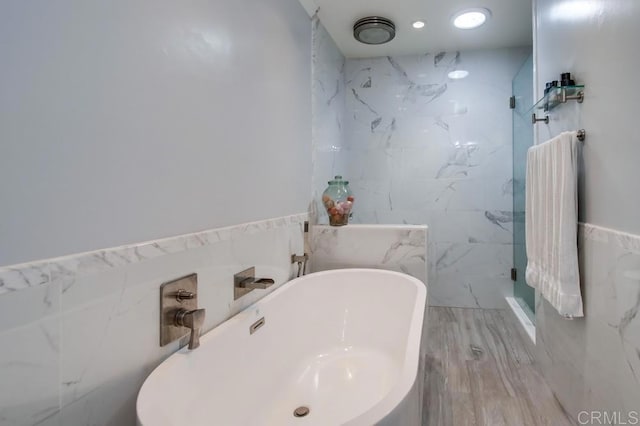 13522 Utopia Rd, Poway, CA 92064 - full bath with tile walls, a marble finish shower, and a freestanding bath