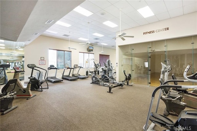 24909 Madison Ave Unit 1311, Murrieta, CA 92562 - exercise room featuring ceiling fan, visible vents, a paneled ceiling, and carpet