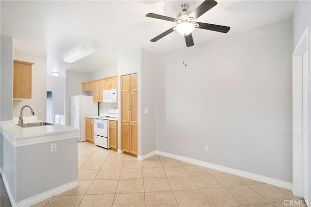 24909 Madison Ave Unit 1311, Murrieta, CA 92562 - kitchen with ceiling fan, light brown cabinetry, a sink, light tile patterned floors, and white appliances
