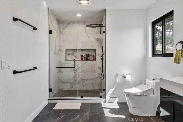 760 Featherwood Dr, Diamond Bar, CA 91765 - full bathroom with baseboards, toilet, a marble finish shower, and marble look tiles