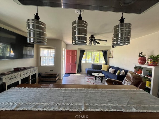 10709 Wheelock Cir, Whittier, CA 90606 - living room with plenty of natural light, ceiling fan, and wood finished floors