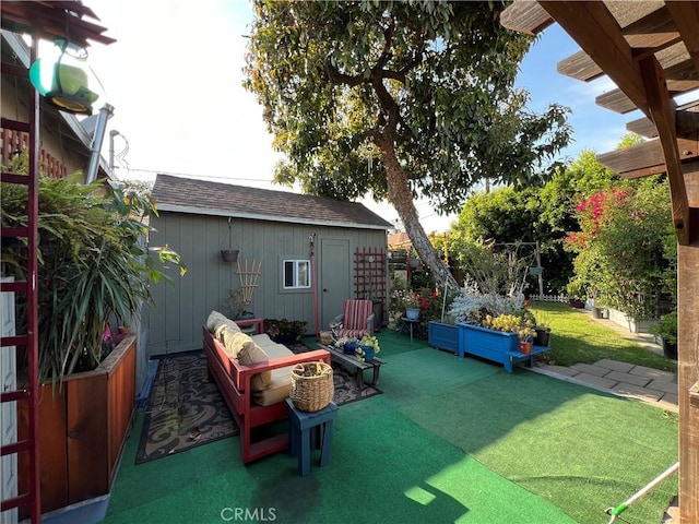 10709 Wheelock Cir, Whittier, CA 90606 - view of patio featuring an outbuilding and an outdoor hangout area