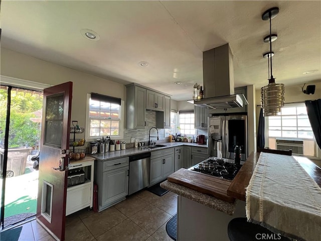 10709 Wheelock Cir, Whittier, CA 90606 - kitchen with stainless steel appliances, island exhaust hood, a sink, and gray cabinets