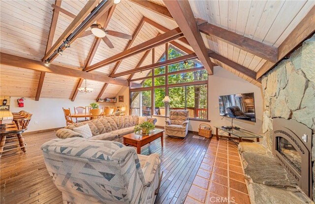 1163 Silvertip Ln, Fish Camp, CA 93623 - living room with baseboards, vaulted ceiling with beams, wood-type flooring, and wood ceiling