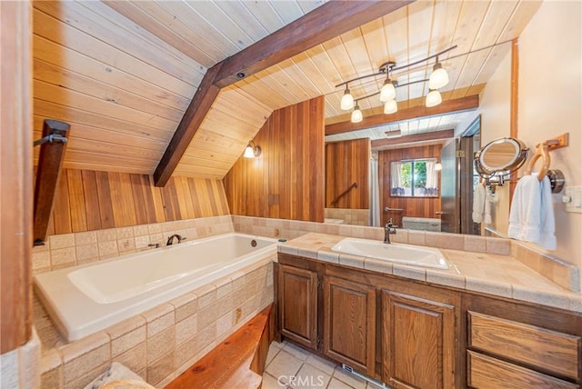 1163 Silvertip Ln, Fish Camp, CA 93623 - full bathroom featuring tile patterned floors, a bath, wooden ceiling, and vanity