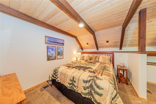 1163 Silvertip Ln, Fish Camp, CA 93623 - carpeted bedroom with lofted ceiling with beams, wooden ceiling, baseboards, and visible vents
