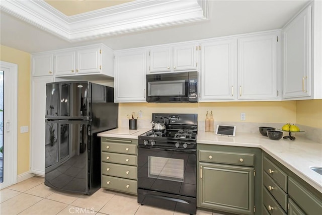 28143 Espinoza, Mission Viejo, CA 92692 - kitchen featuring white cabinets, light tile patterned flooring, crown molding, light countertops, and black appliances
