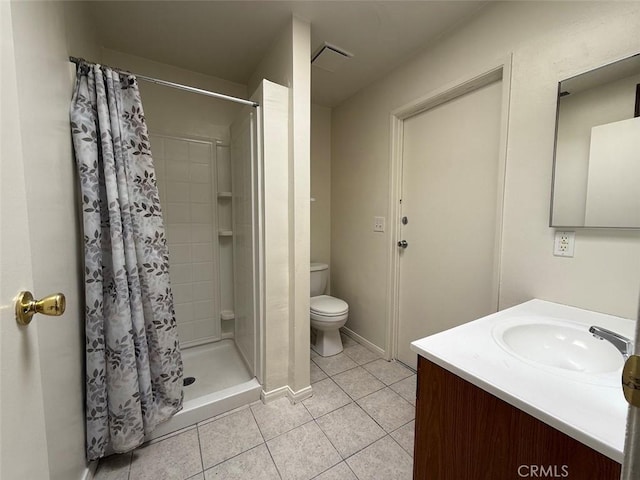 full bath with a shower stall, tile patterned flooring, visible vents, toilet, and vanity